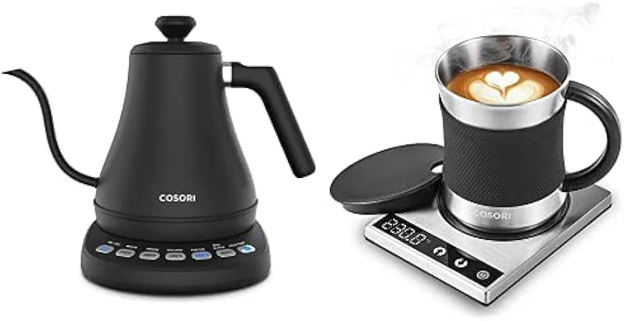 COSORI Electric Gooseneck Kettle with 5 Variable Presets, 100% Stainless Steel Inner Lid & Bottom, Coffee Mug Warmer & Mug Set, Beverage Cup Warmer for Desk Home Office Use, Coffee gifts