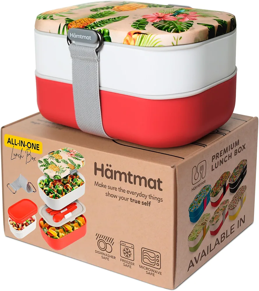 Insulated Stackable Bento Box for Adults with Reusable Chopsticks Japanese Lunch Box Microwavable & Leak Proof Lunch Containers for Men & Women Modern Cute Food Container with Compartments (Red White)