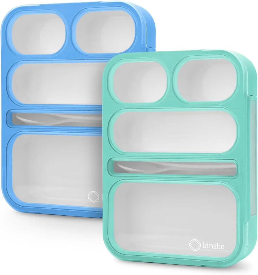 kinsho Bento Lunch-Box for Adults Kids Lunches, Portion Control Container Boxes for Women Girls Boys | Leak-proof Snack Containers, BPA-Free Utensils5 Compartments | Blue & Green 2 pack Set