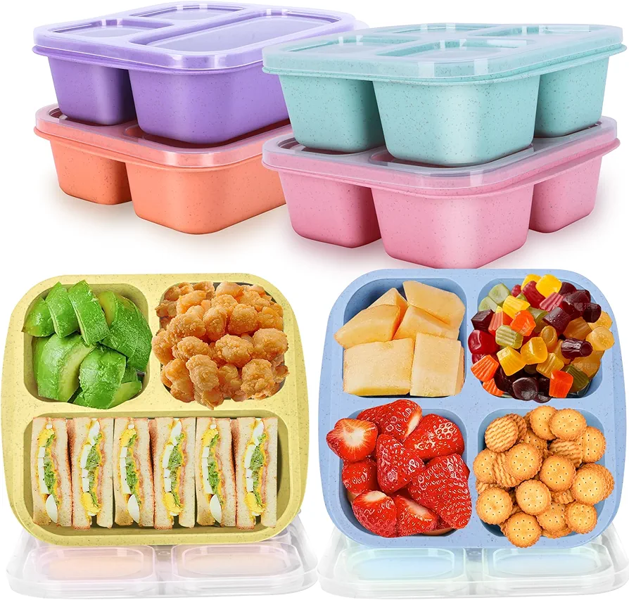 6 Pack Snack Containers, Bento Box for Kids Lunch Box, Meal Prep Containers Reusable Lunch Containers, Lunchable Container 3&4Compartments, Stackable Snack Box Container for School, Work, and Travel