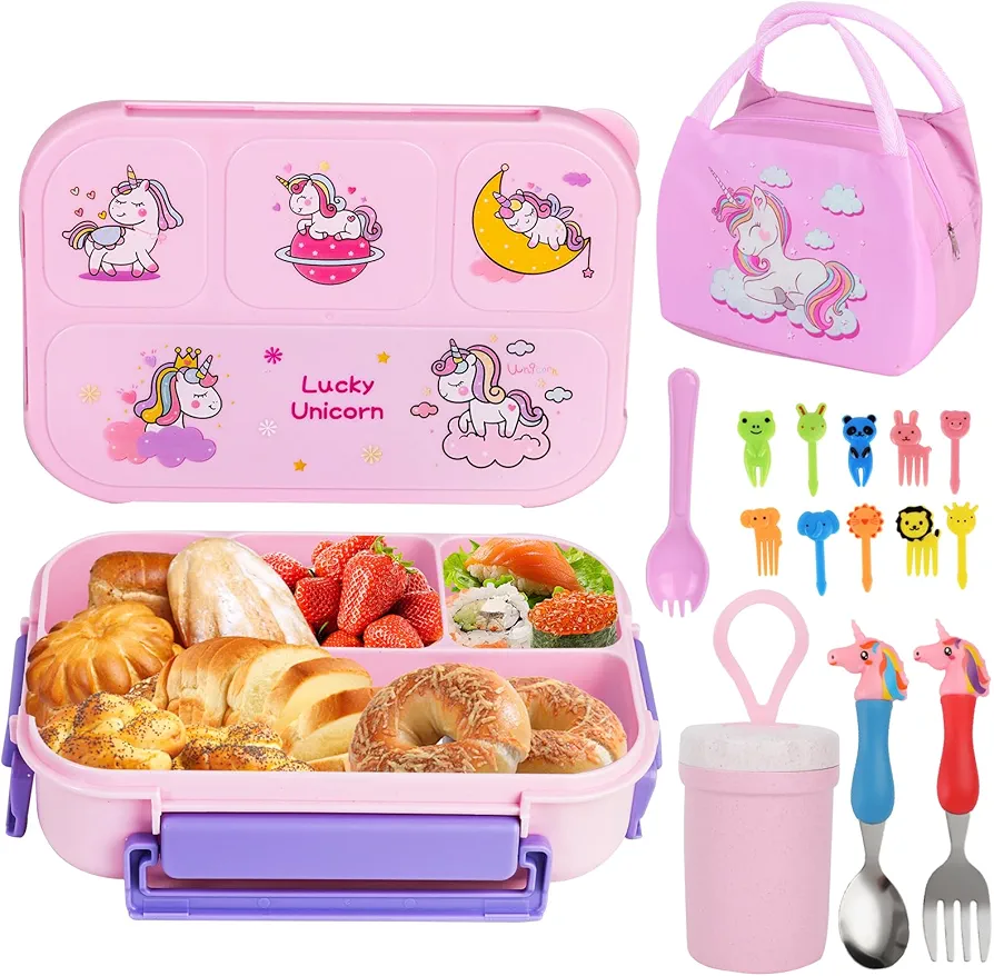 Bento Box Lunch Box for Girls Kids Adult, 1400ML Leak-Proof 3 Compartments Lunch Container Set with Insulated Lunch Bag Soup Cup Utensils Spoon Fork Fruit Picks Accessories, Microwave Dishwasher Safe