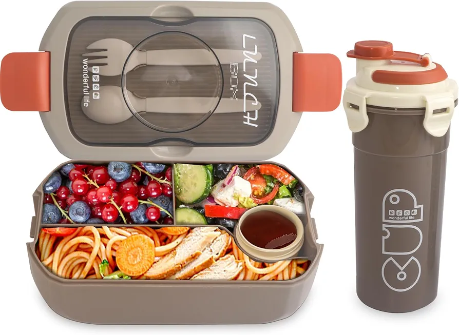 Bento Lunch Box for Kids, BPA Free with 4 Compartment and Thermos, Leak Proof Kids Lunch Box Meal Prep Containers,Kids Bento Box Microwave & Dishwasher Safe,Back to School Essentials,Brown
