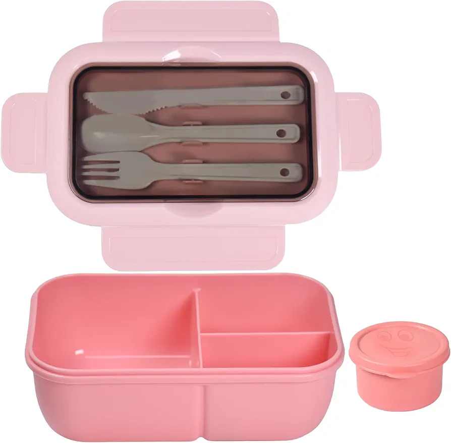 Lunch Box for Adults, 1250ML Bento Box with 3 Leakproof Compartments, 60ML Sauce Container, Cutlery Set Included, Microwave and Dishwasher Safe,Ideal for Work Travel Camping,Pink