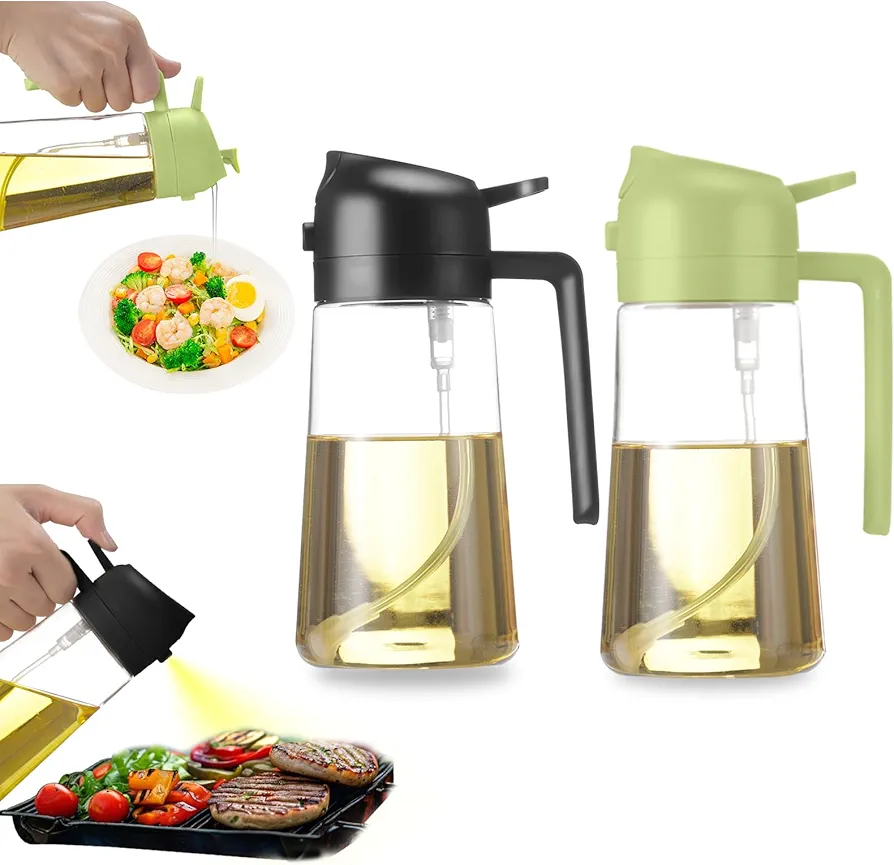 2-in-1 Oil Dispenser and Sprayer, Kitchen Gadgets, Olive Oil Dispenser Bottle with Anti-Drip Spout, Oil Sprayer, For Salads, Air Fryer, Frying, Barbecue Green+Black 470ML/ 15.8fl.oz(2pcs)