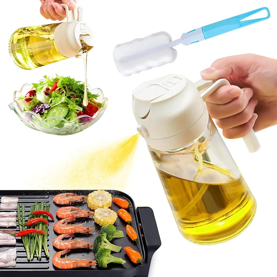 2 in 1 Oil Dispenser and Oil Sprayer,16OZ Olive Oil Sprayer for Cooking,Oil Dispenser for Kitchen, Oil Spray Bottle Olive Oil Dispenser Bottle,Cooking Oil Sprayer for Salad, Fry, BBQ(Creamy White)