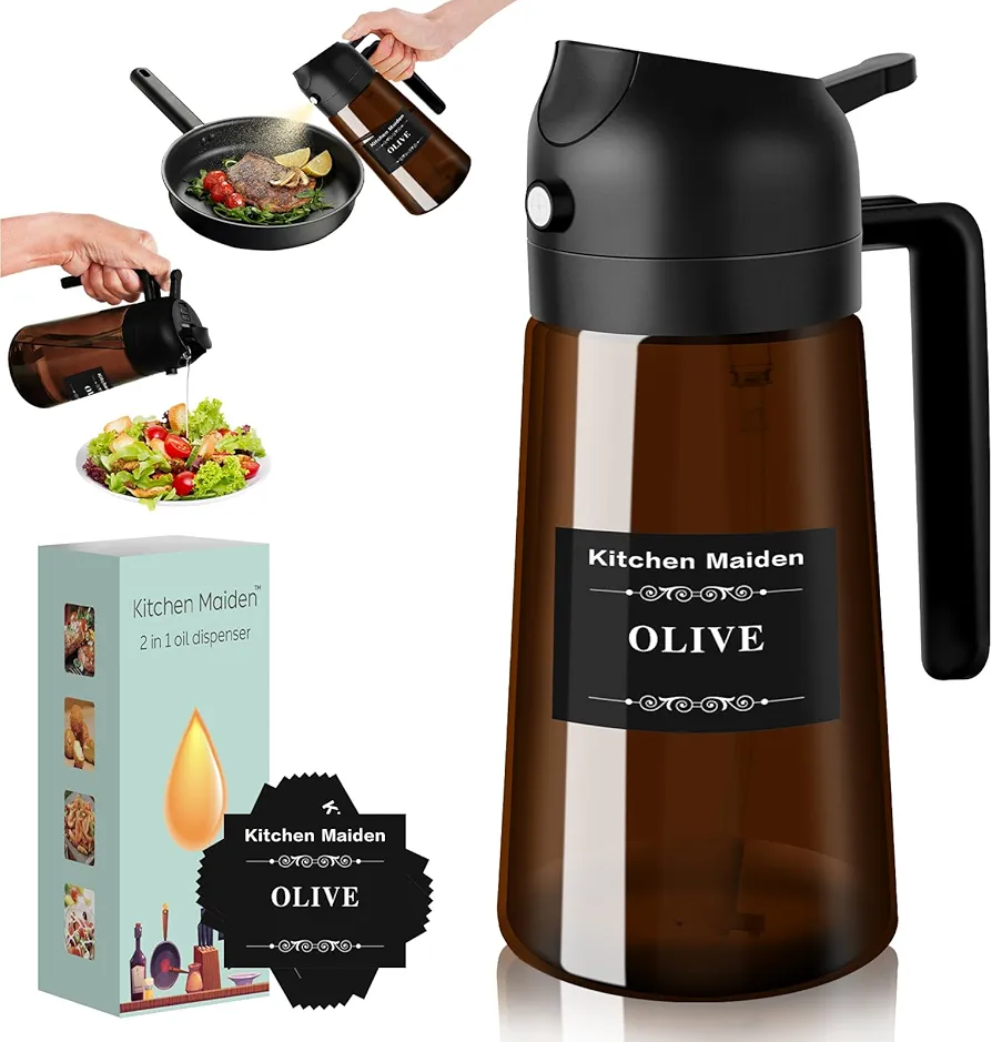 2 In 1 Oil Dispenser,Glass Olive Oil Dispenser and Oil Sprayer. Spray and pour. Suitable for Kitchen, Grill, Cooking. Air Fryer (Dark brown)