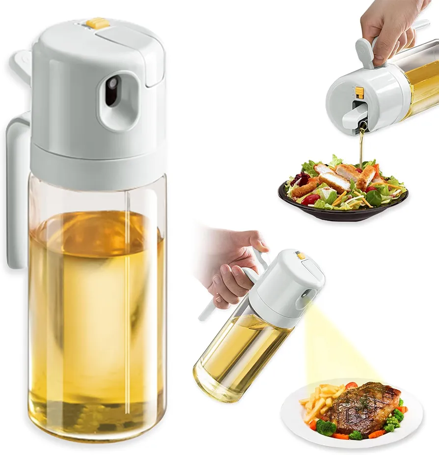 Oil Spray 2 in 1 Heat Resistant Glass Bottle 550ml - For Olive Oil & Grape Seed Oil Mist Condiment Container Dripless One-Hand Operation, Waterproof, Easy Storage Kitchen Utensils (White)