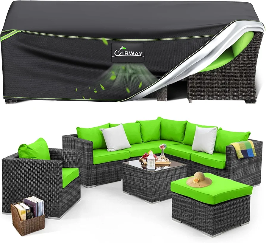 UIRWAY Patio Furniture Set Cover Waterproof, 111" L x 74" W x 28" H Outdoor Sectional Sofa Set Covers, 420D Heavy Duty Outside Garden Dining Table and Chair Covers Rectangular with Reflective Strips