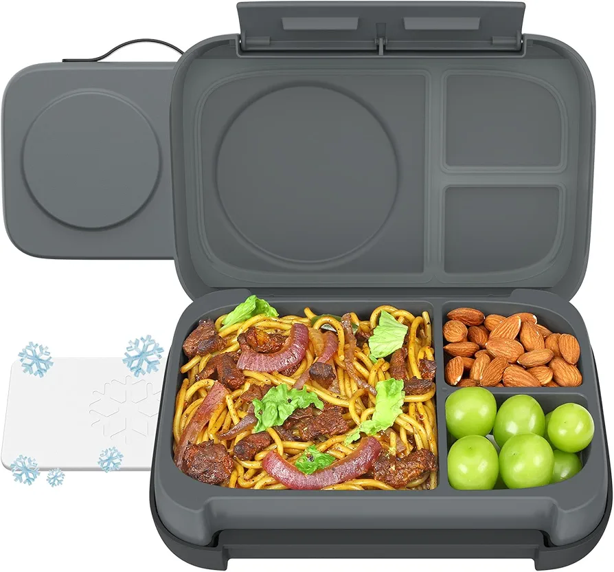 Caperci Heavy Duty Bento Box Adult Lunch Box - Leak-Proof Large Lunch Containers with Removable Ice Pack & 3 Compartments for Adults & Big Kids, BPA-Free, 1300mL/5.5 Cups (Dark Gray)