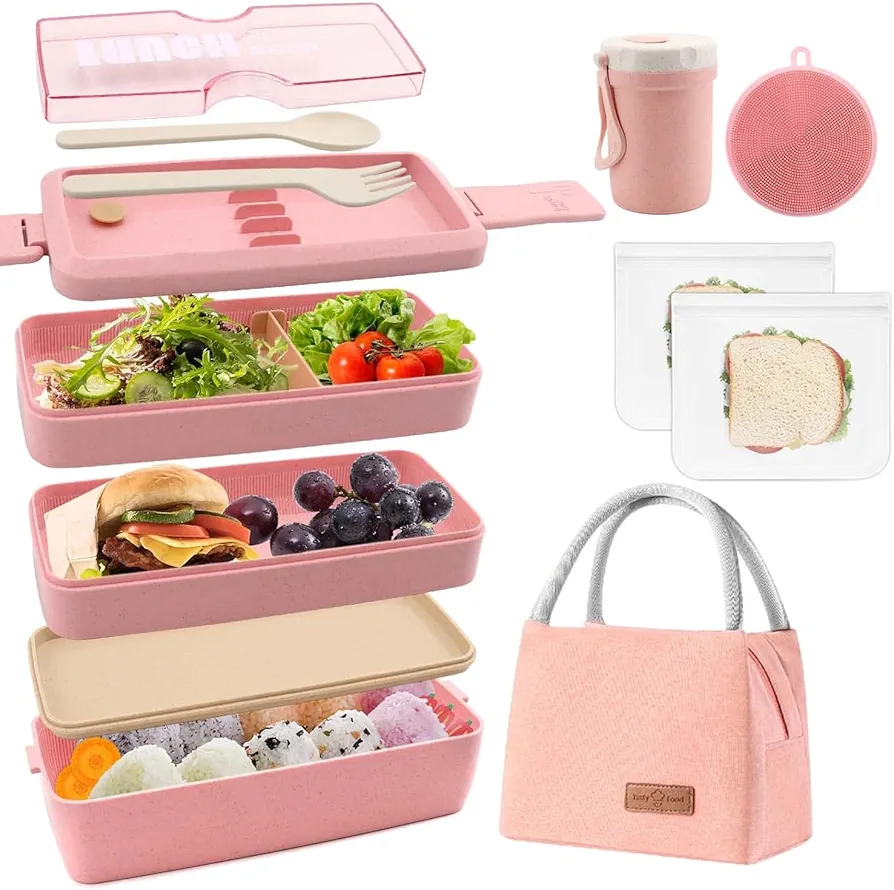 Bento Box Japanese Lunch Box Kit Leakproof Bento Lunch Box for Kids Adults Wheat Straw 3 Layer Stackable Lunch Containers with Compartment Eco-Friendly Meal Prep Containers (Pink)