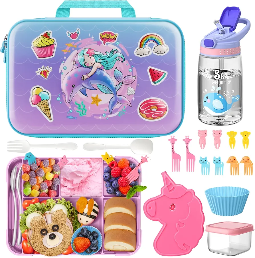 Lunch Bag Bento Lunch Box Set for Girls - Insulated Lunch Bag with 5 Compartment Bento Box Water Bottle Ice Pack Silicon Cap Salad Container for Kids Back to School, Picnic and Travel