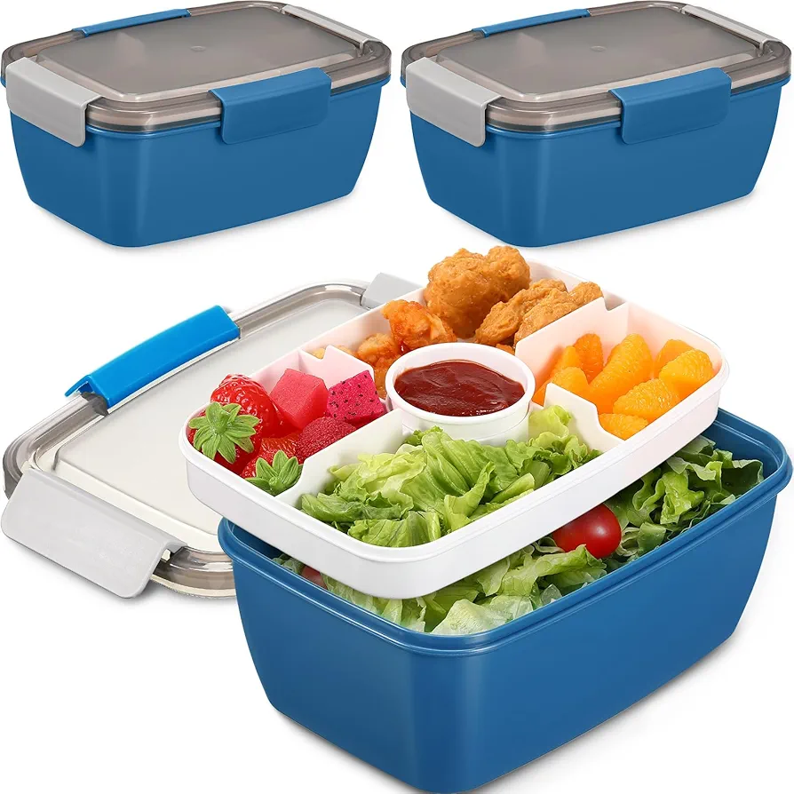 3 Pcs Salad Lunch Container for Adult 68 oz Large Bento Lunch Box Salad Bowl with 5 Compartments Salad Dressings Container Bento Style Tray for Toppings (Navy Blue)