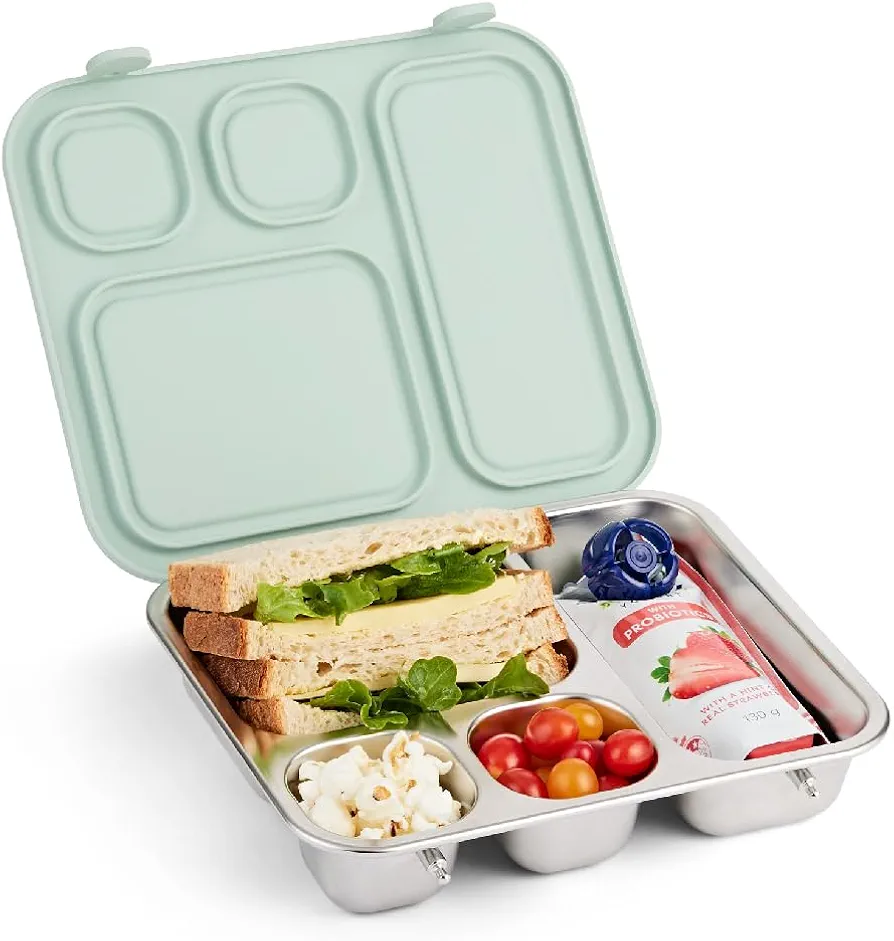 Elk and Friends Kids Stainless Steel Bento Box with Silicone Lid | Leak-proof | Toddlers Lunch Container | 4 Compartments | Dishwasher Safe