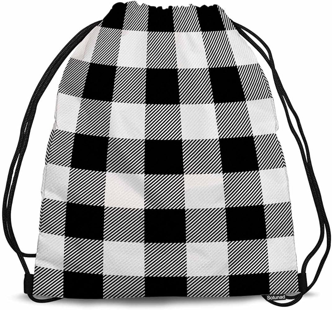 Drawstring Gym Backpack Tartan Checkered Volleyball Bag Sports Backpack White Black Gingham Plaid Fashion Style 14x16.9 Inch