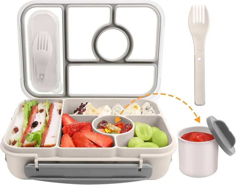 Lunch Box Kids,Bento Box Adult Lunch Box,Lunch Box Containers for Adults/Kids/Toddler,5 Compartments Bento Lunch Box with Leakproof Sauce Vontainers,Microwave/Dishwasher/BPA Free(white)
