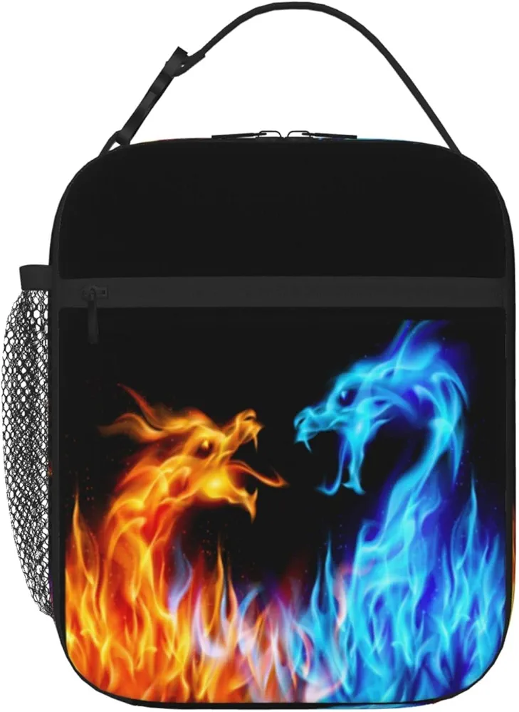 Blue And Red Fire Dragon Reusable Lunch Bag Lunch Box Kids,Kids Lunch Box For Girls Boys,Insulated Lunch Bag For Kids,Easy-To-Clean Bento Box Bento Bag,Loncheras Lunchbox For Work/School/Picnic