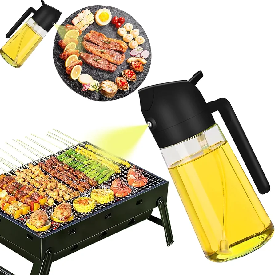 Oil Sprayer for Cooking - 2 in 1 Olive Oil Dispenser Bottle for Cooking, 16oz/470ml Olive Oil Sprayer, Air Fryer, Salad, Frying, BBQ - Black