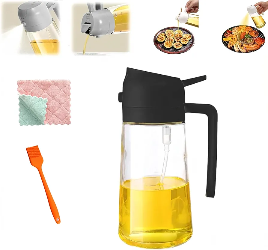 Kitchenmaiden 2 in 1 Oil Dispenser, 16oz Oil Dispenser Bottle for Kitchen, 2 in 1 Oil Dispenser and Oil Sprayer for Cooking, Salad, Barbecue (Black)