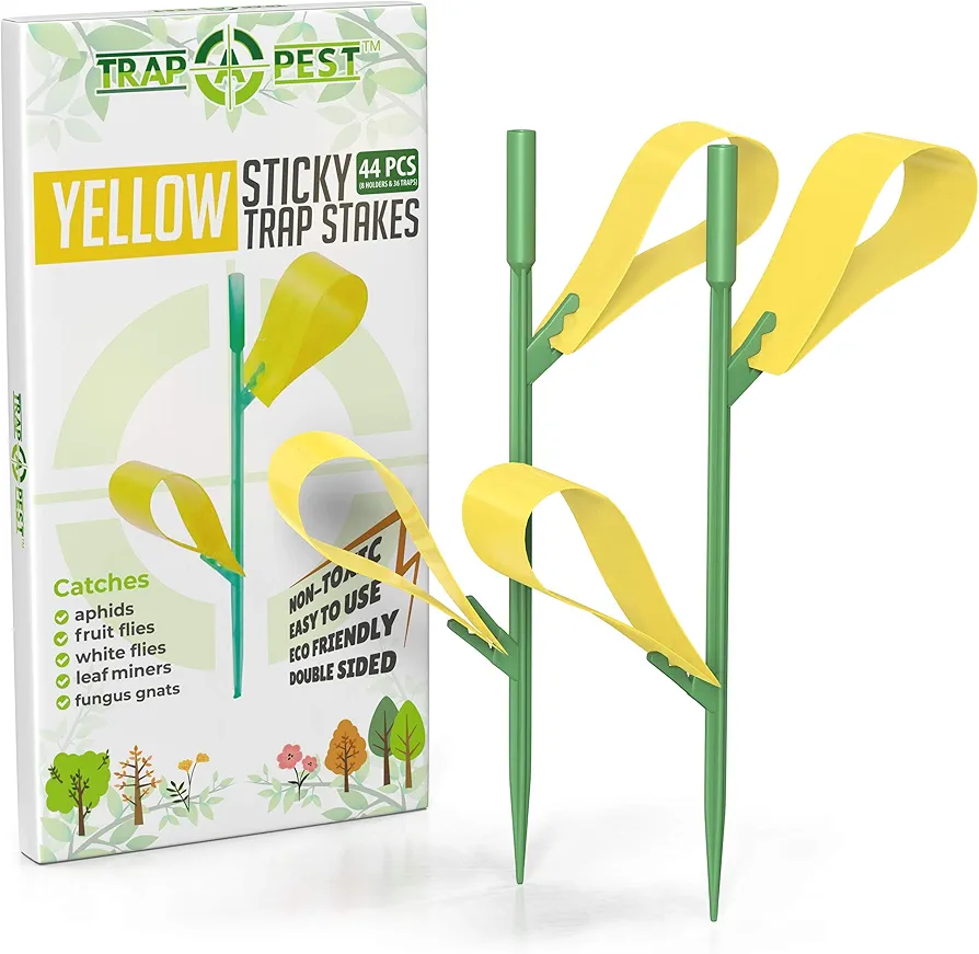 Houseplant Sticky Stakes - Yellow Sticky Traps for Gnats Indoor and Outdoor - Gnat Traps for House Plants (44 Traps)