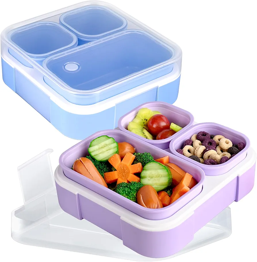 Genteen Small Kids Snack Containers for School 3 Compartment Travel Snack Containers with Dividers Portion Control Lunch box for Kids with Leak-proof Lids BPA Free (Purple + Blue)