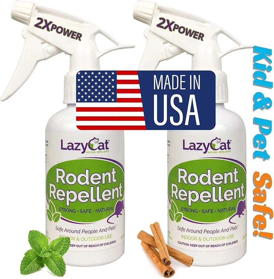 Peppermint Oil Spray for Rodents Plus Cinnamon Oil - MAX Power Mouse Repellent for Home RV Campers Boats Car Engines – Repel Mice and Rats from House Non-Staining 2X Strength (2 Pack) by Lazy Cat