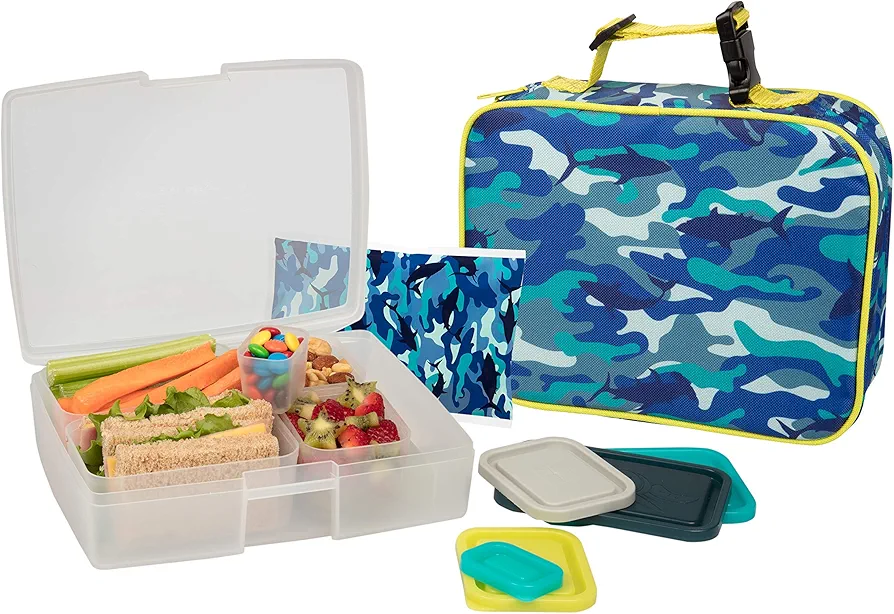 Bentology Lunch Bag and Box Set for Kids - Boys Insulated Lunchbox Tote, Bento Box, 5 Containers and Ice Pack - 9 Pieces - Shark Camo