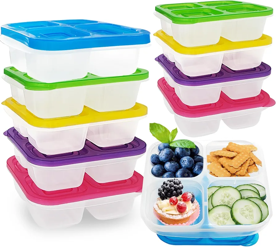 10 Pcs Snack Bento Boxes,4-Compartment Lunch Containers,Reusable Food container with Lid for Travel,School,Work,Kids Adults