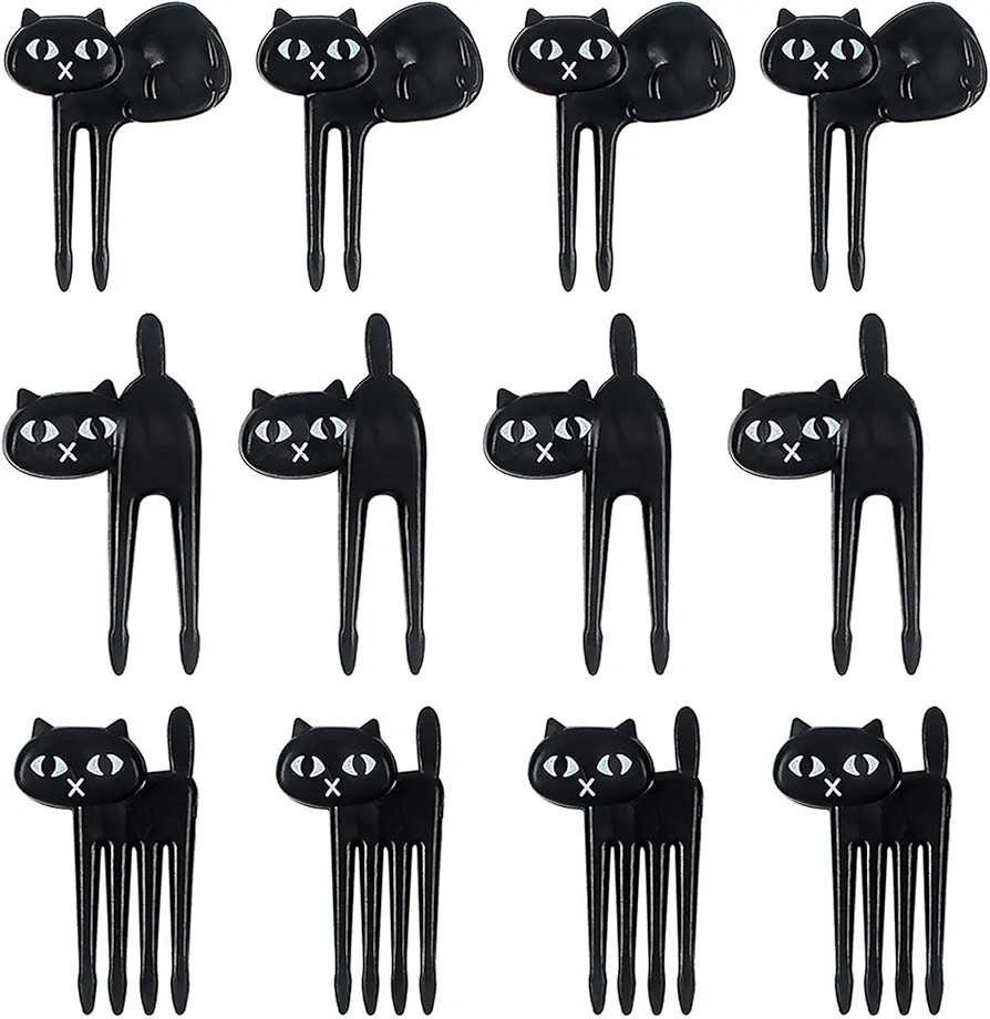 ICYANG Black Cat Food Picks for Fruit Cocktail Picks Bento Lunch Box Forks Decor Party Accessories Palillos Decorativos Comida Cute Animal Reusable Small 12 Pieces