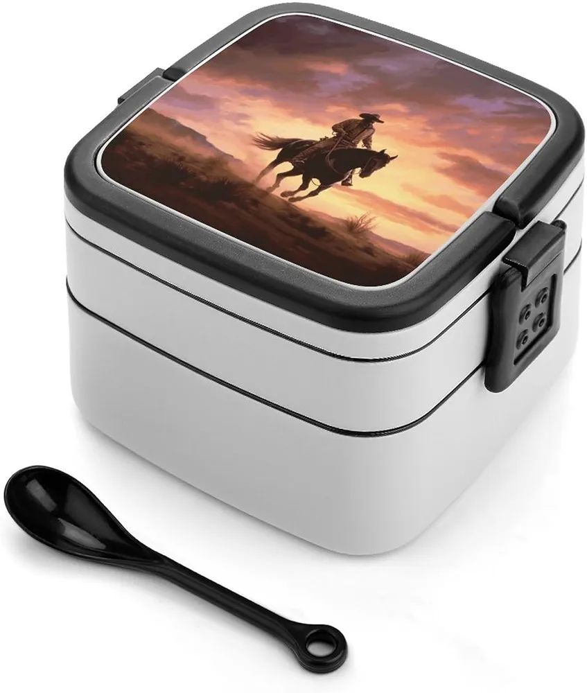 Double Layer Bento Box, Cowboy West Stackable Lunch Box,Lunch Box,Double-Layer Bento Lunch Box For Adults with Spoon, style