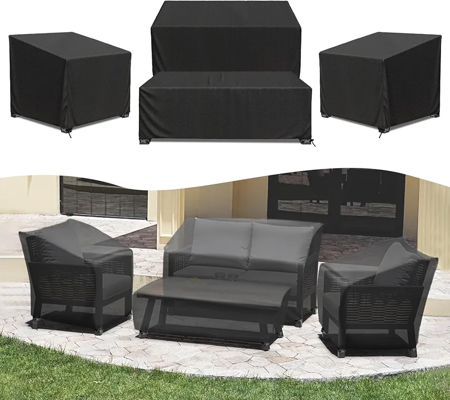 Patio Furniture Covers, 4 Piece Heavy Duty Waterproof Outdoor Furniture Cover with Windproof Buckle Strap, Rattan Wicker Patio Furniture Set Cover for Chair Sofa Black (Black, X-Large)