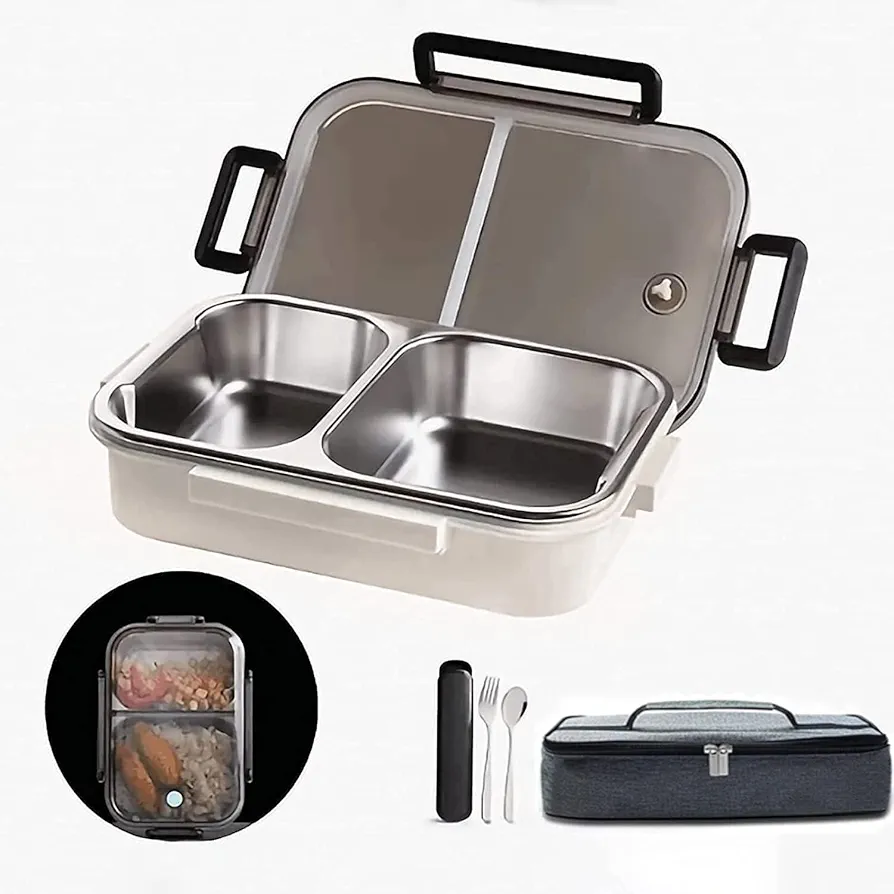 2 Compartments Bento Lunch box with Lunch Bag and Portable Utensils, Stainless Steel Food Lunch Containers for Adults Men Women