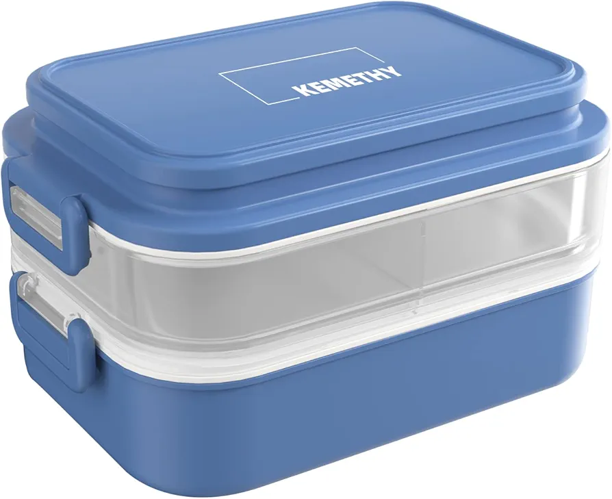 Bento Box Adult Lunch Box, Bento Lunch Box for Adults, Stackable Bento Lunch Containers for Adults, Leak-Proof 2000ML/68OZ Large Capacity Adult Bento Box with Tableware and Sauce Cups, Blue