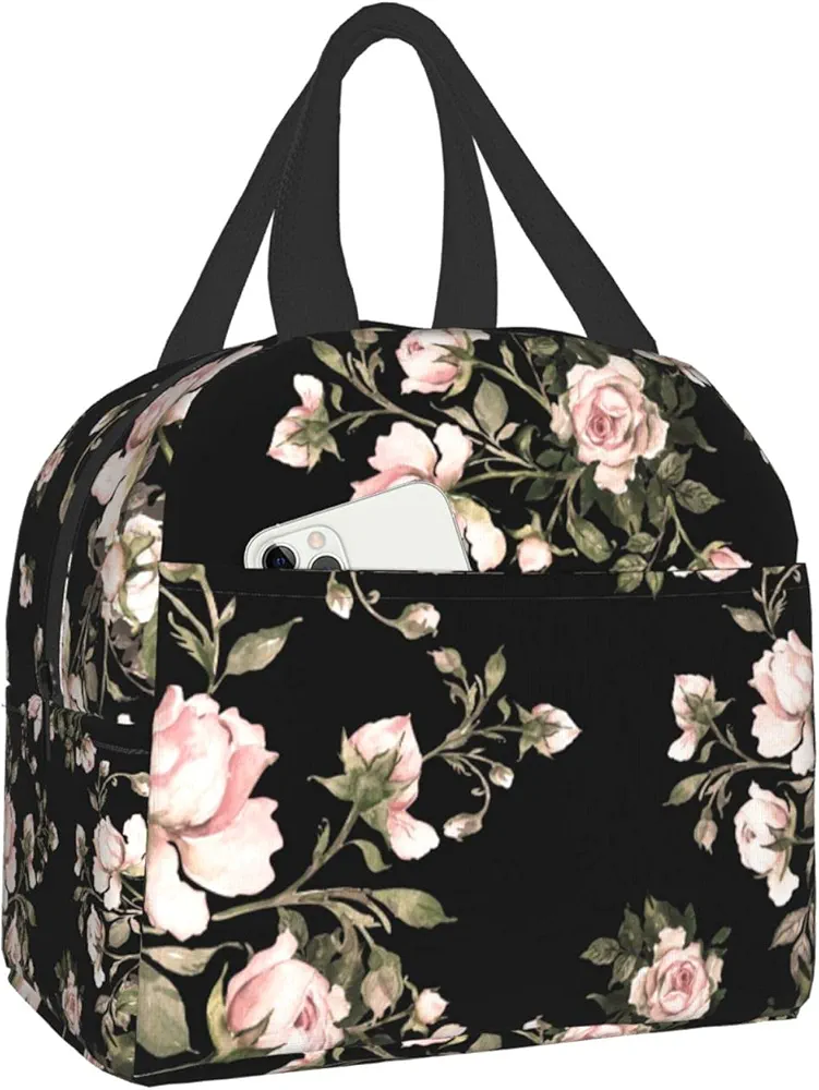 DADABULIU Lunch Bag Watercolor Rose Pink Flower Black Insulated Lunch Box Cooler Tote for Adults Kid Girl Women Work Office School Picnic Beach Reusable Lunchbox Over 3 Years Old