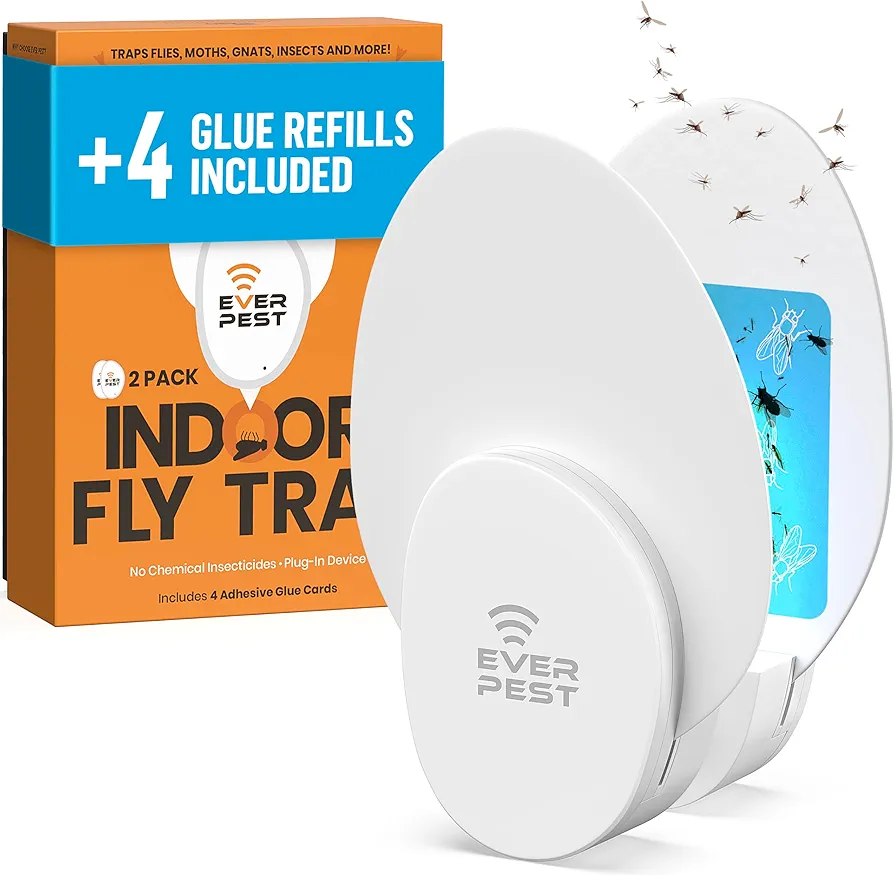 Ever Pest Indoor Plug-in Fly Trap, Flying Insect Trap for Flies, Fruit Flies, Gnats, Moths, and More – 2 Traps + 4 Glue Cards – Safe for Homes with Kids & Pets, Odorless & Insecticide-Free