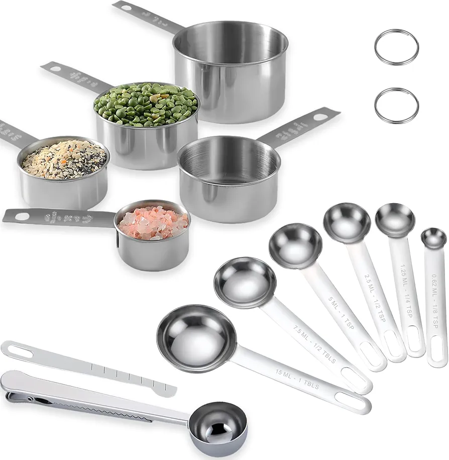 Measuring Cups and Spoons Set of 13, include 5 Stainless Steel Metal Nesting Measuring Cups, 6 Measuring Spoons, 1 Leveler, 1 Coffee Spoons with Cilp, Kitchen Gadgets for Liquid & Dry Cooking Baking