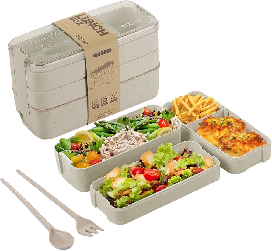 Bento Box for Adults, 3-In-1 Meal Prep Container, 900ML Japanese Lunch Box with Compartment, Wheat Straw, Leak-proof, Spoon & Fork, BPA-free (Beige)