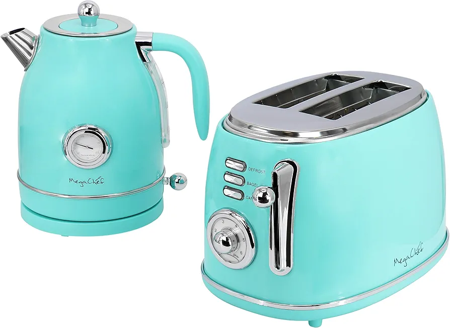 MegaChef 1.7 Liter Electric Tea Kettle and 2 Slice Toaster Combo (Turquoise)