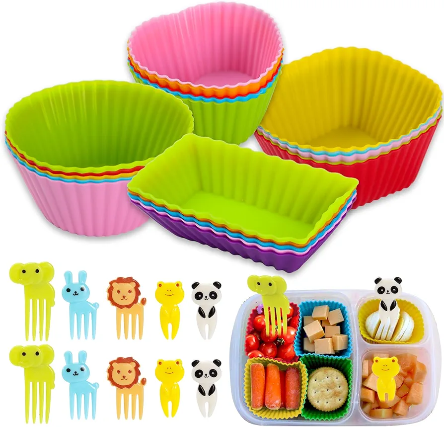 30Pack Silicone Lunch Box Dividers Bento Box Accessories, Silicone Cupcake Liners with 10pcs Food Picks for Kids