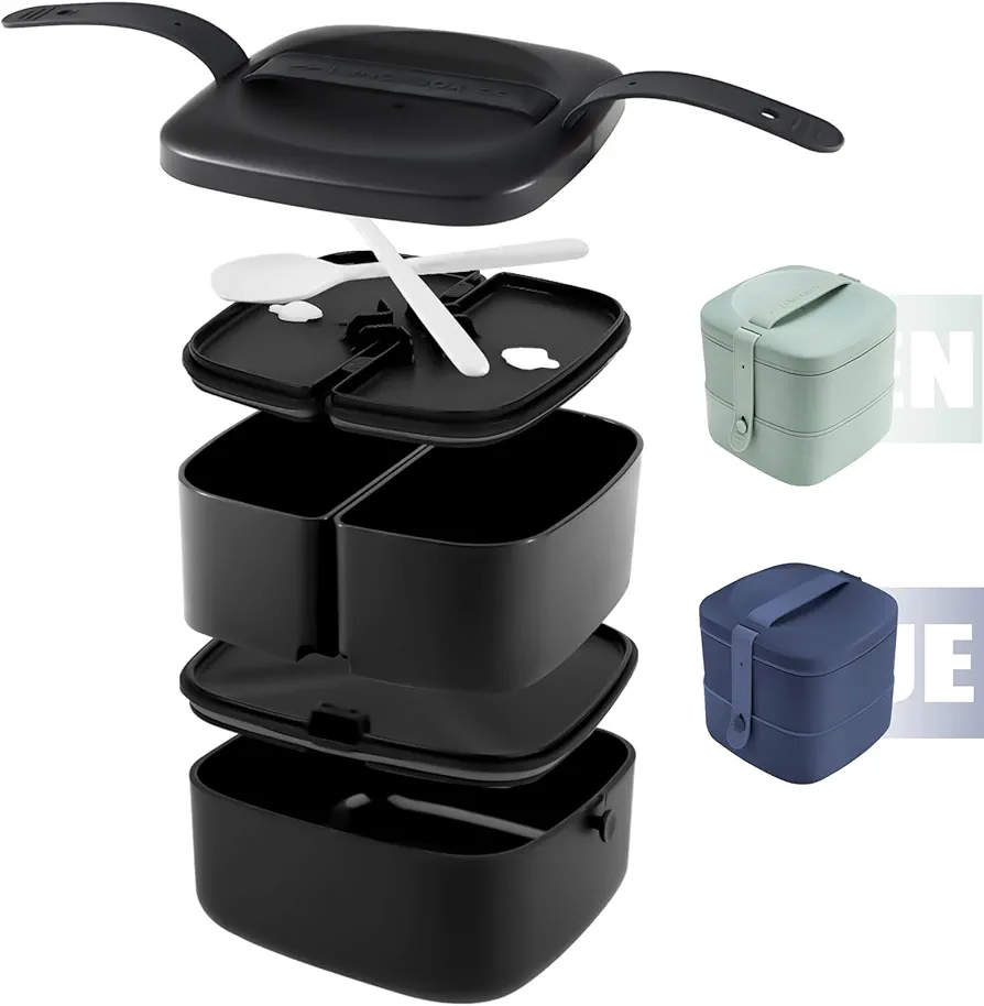 Bento Box, Premium Bento Box Adult Lunch Box 3 Compartment Leak Proof Stackable Lunch Containers for Adults Kids Meal Prep Containers BPA Free Dishwasher Safe (Black)