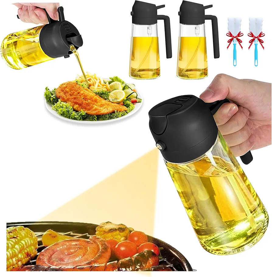 Nydia 16OZ Oil Dispenser for Cooking,2 in 1 Olive Oil Dispenser Bottle for Kitchen,470ML Food Grade Oil Sprayer for BBQ,Salad,Air Fryer,Party (2xBlack)