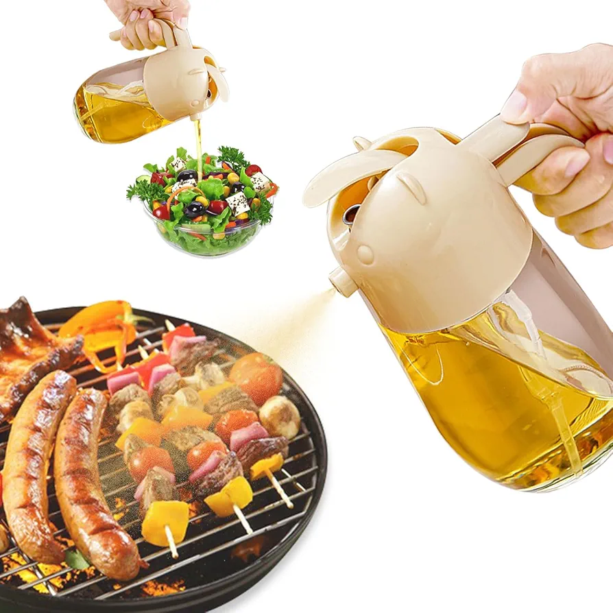 Glass Oil Dispenser for Kitchen Spray 2 in 1 Oil Dispenser and Oil Sprayer for Cooking Oil Bottle 19.6 oz/580 ml Oil Dispenser Container Olive Oil Spray Bottle for Air Fryer, Salad,BBQ(Cream Color)