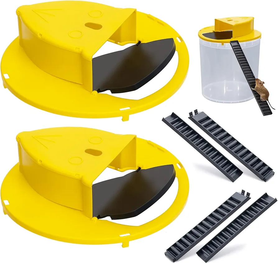 New Generation 2 Pack Mice Mouse Trap Bucket with Flip Lid - 5 Gallon Bucket Trap Door Style, Multi Catch, Auto Reset, for Indoor & Outdoor (Orange) (2)