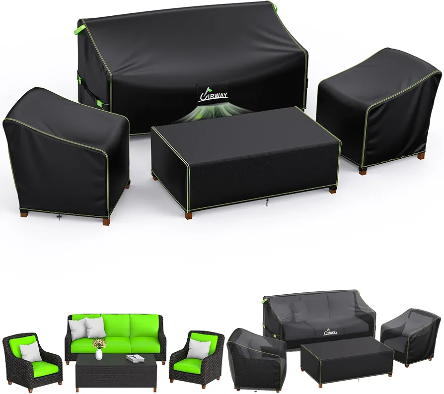 UIRWAY Patio Furniture Covers 4 Piece Set, Outdoor Furniture Covers Waterproof 4 Piece, Heavy Duty Patio Furniture Set Covers with Windproof Buckle Strap and Drawstring, Black