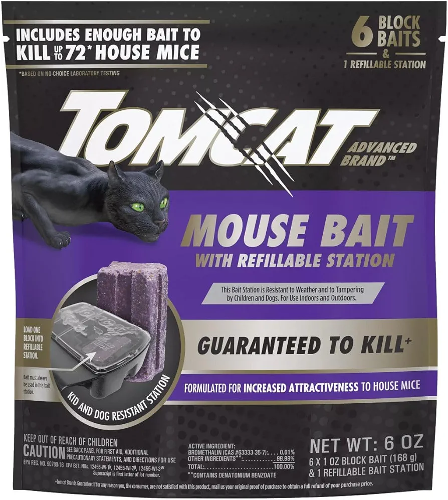 Tomcat Advanced Brand Mouse Bait with Refillable Station, Indoor and Outdoor Use, 1 Station and 6 Poison Block Refills