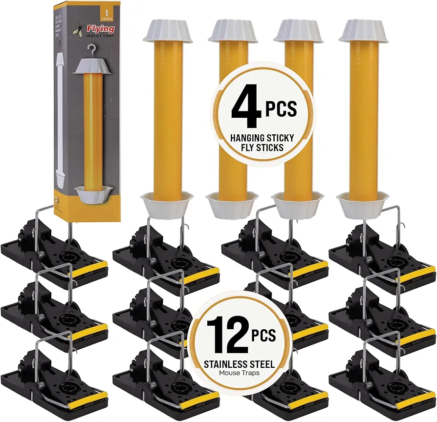 TwinTech Rodent & Fly Control Bundle - 12-Pack Stainless Steel Large Mouse Traps for Indoor & Outdoor Use and 4-Pack Hanging Sticky Fly Sticks for Flies, Gnats, and Mosquitoes