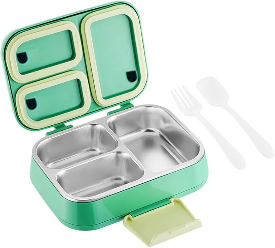 Stainless Steel Leakproof Bento Lunch Box Kids,Bento Box Kids Leak Proof Between 3 Compartment Containers 304 Stainless Steel Bento Box for School and Office(Green)