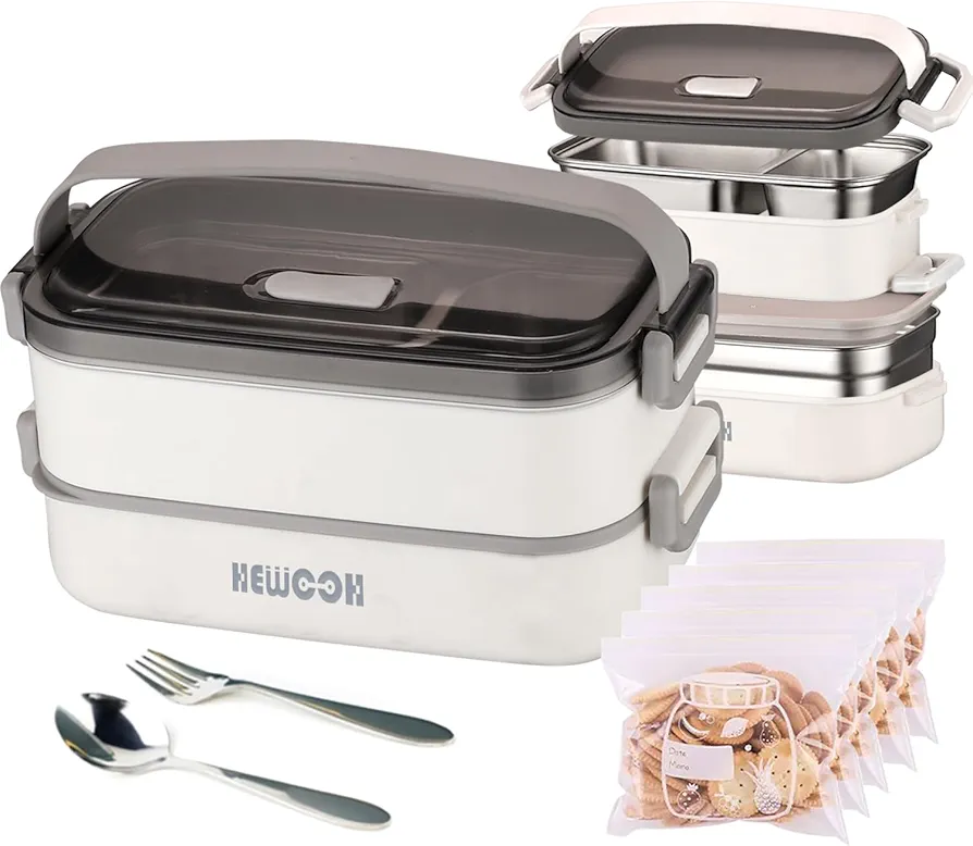 HEWOOH 1400ml Bento Box Adult Lunch Box - Two Layers Design, Microwave and Dishwasher Safe, Sturdy and Detachable. (White double layer)