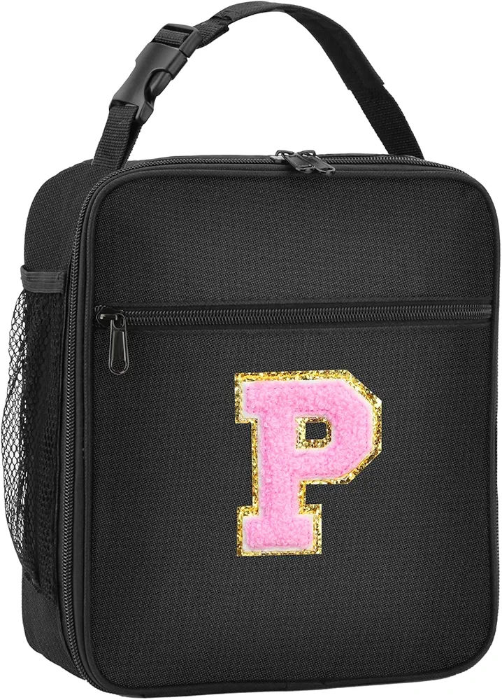 Initial Insulated Lunch Bag, Lunch Box with Initial Letter Patch for Teen Adult, Reusable Lunch Bag for Men Women, Ideal Back to School Gift Birthday Gift, Pink P
