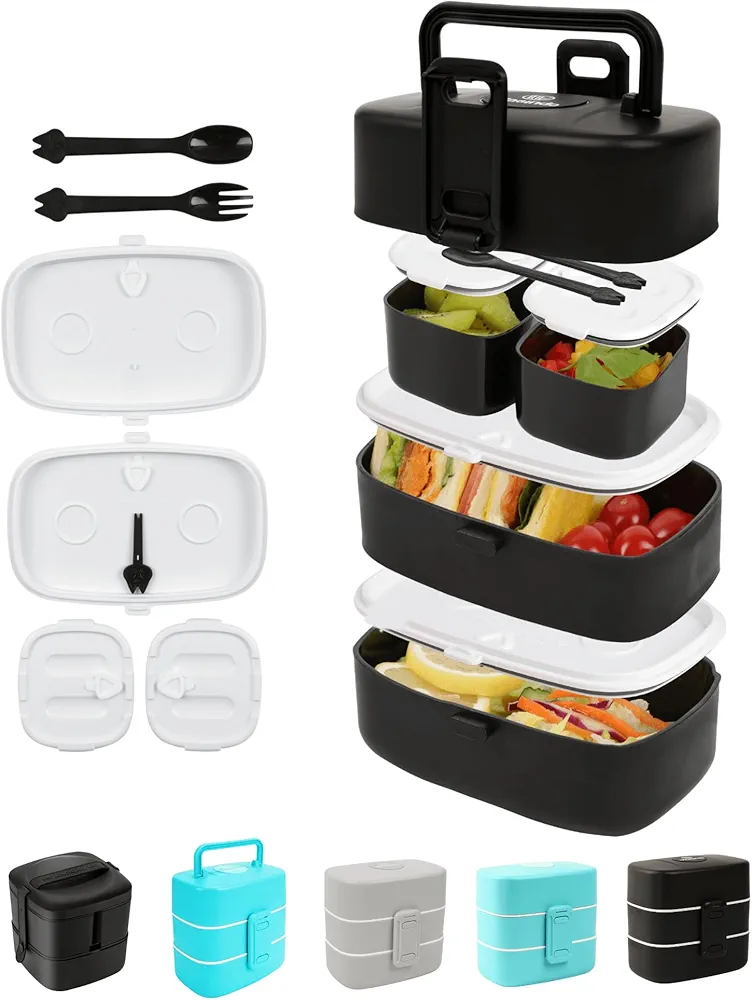 Wagindd Bento Box Adult Lunch Box, Stackable Bento Lunch Box for Kids with 4 Compartments and Utensil, Salad and Snack Containers, Dishwasher Microwave Safe