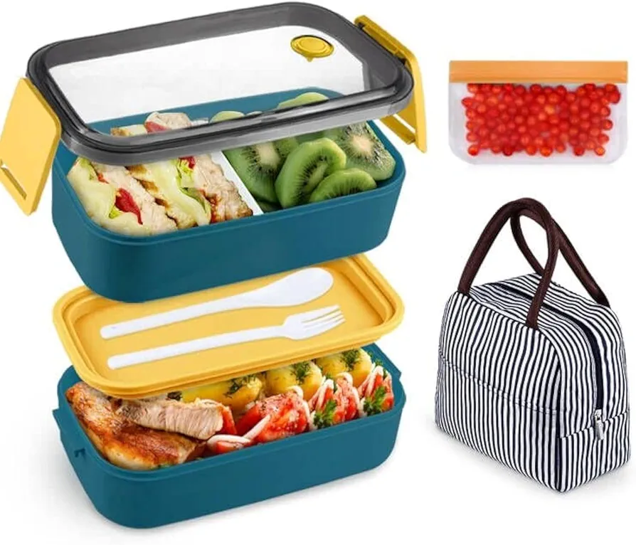 NatraProw Adult Lunch Box, Leakproof 2 Layer Bento Box with Detachable Divider, Lunch Bag, BPA Free Box with Utensils, Microwave Safe Meal Prep Container